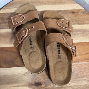 Cushionaire Tan Suede Double Buckle Slide Sandals Cork Footbed Comfort Slides 10